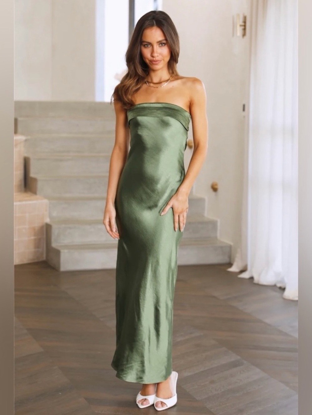 Hello Molly Olive Green Strapless Satin Maxi Dress